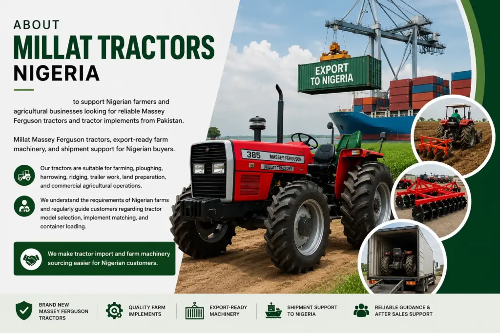 About Millat Tractors Kenya showing Massey Ferguson tractor, farm implements, container loading, and shipment support for Kenyan farmers