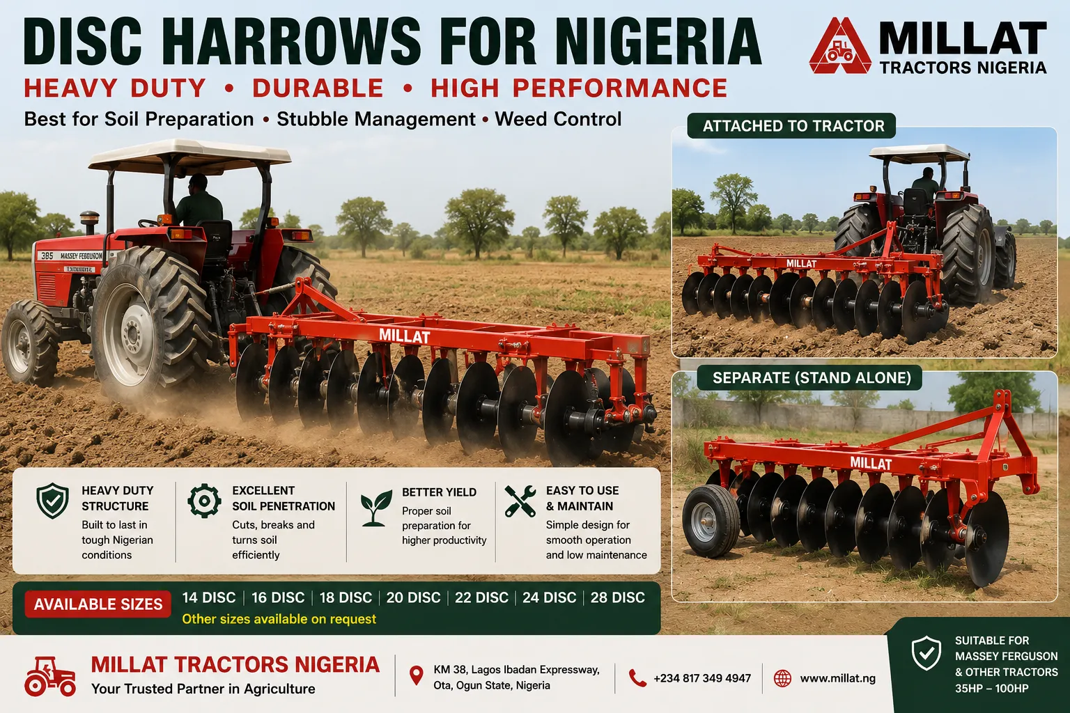 Heavy duty disc harrows for Kenya shown attached with Massey Ferguson tractor and as standalone farm implements