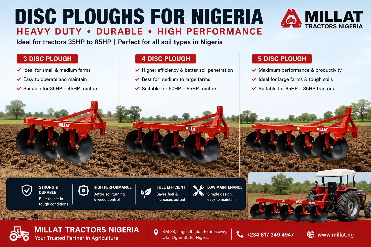3 disc, 4 disc and 5 disc heavy duty disc ploughs for tractors in Kenya by Millat Tractors Kenya