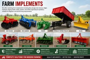 Farm implements for Kenyan farming including disc plough, disc harrow, ridger, hydraulic tipping trailer, blade, planter, cultivator and rotavator for Massey Ferguson tractors