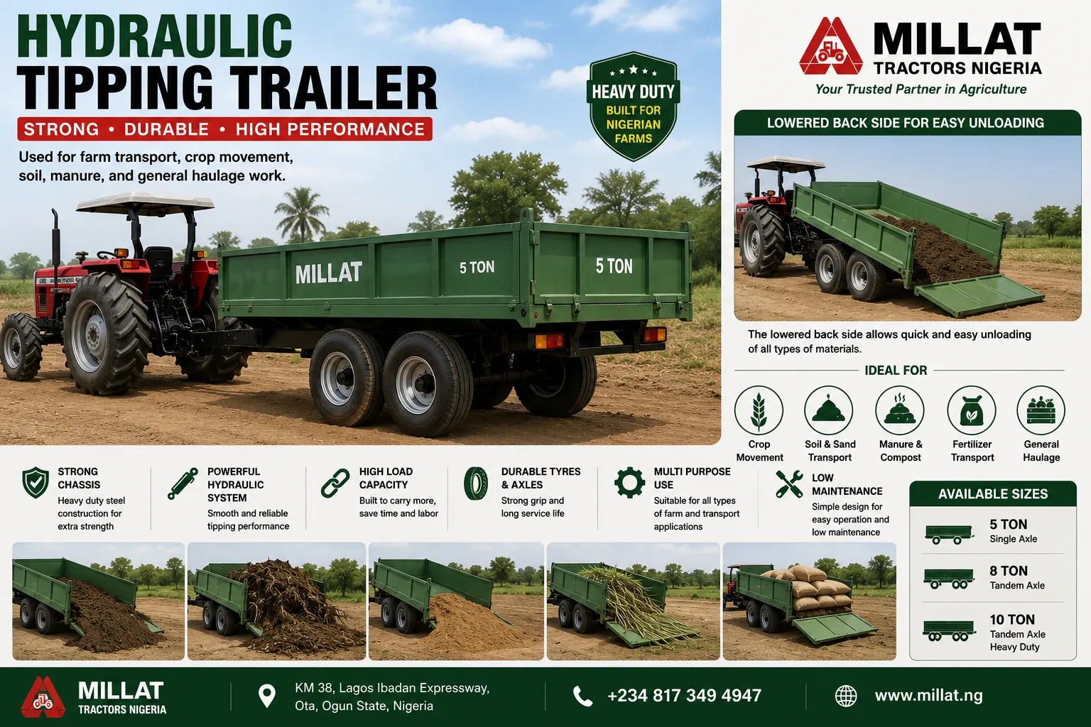 Hydraulic tipping trailer for Kenya attached with tractor for farm transport, crop movement, soil, manure and general haulage work
