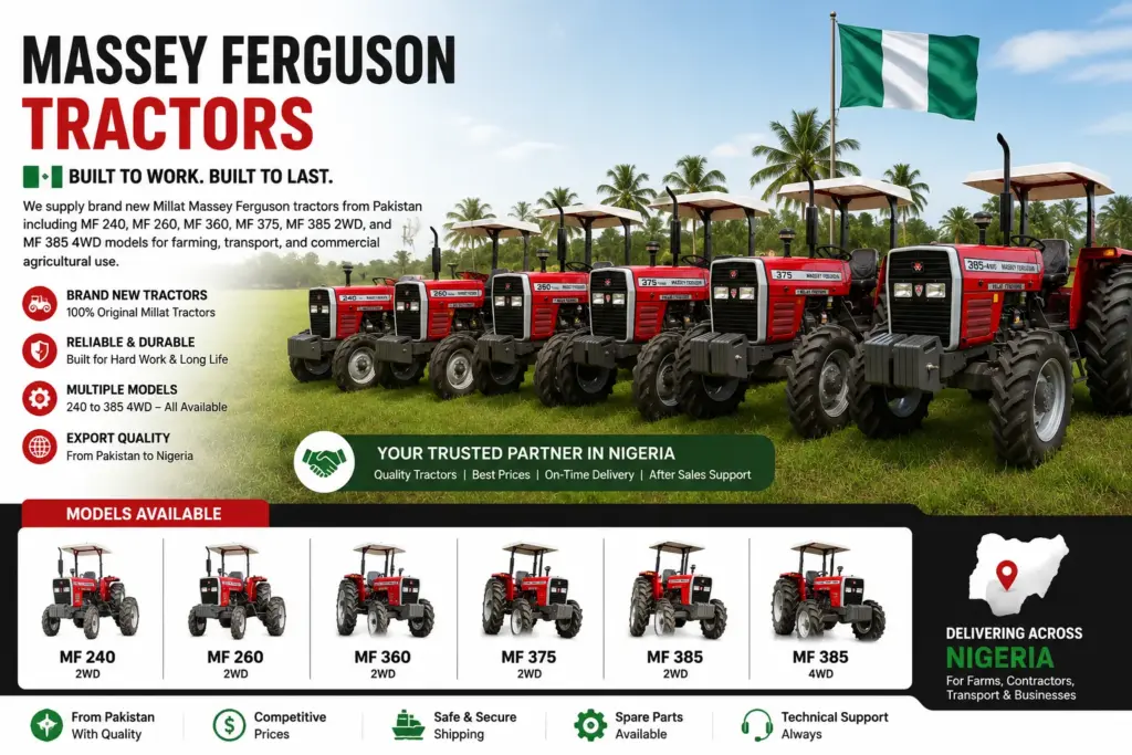 Brand new Millat Massey Ferguson tractors from Pakistan including MF 240, MF 260, MF 360, MF 375, MF 385 2WD and MF 385 4WD for farming and commercial agriculture in Kenya