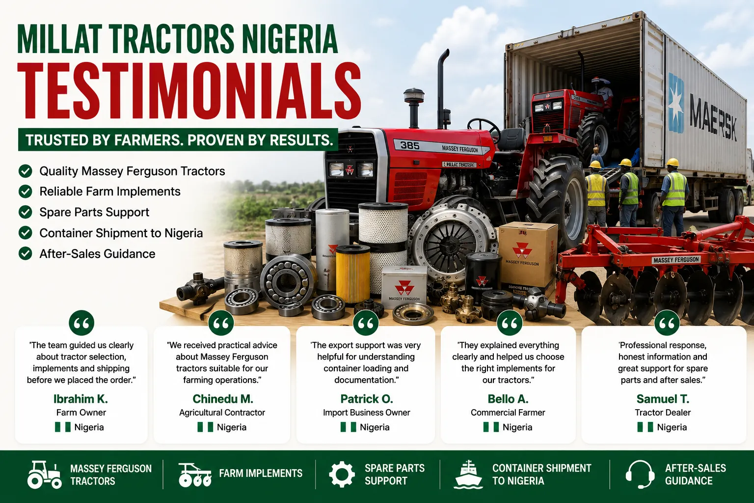 Customer testimonials and export support for Massey Ferguson tractors and farm implements in Kenya by Millat Tractors Kenya