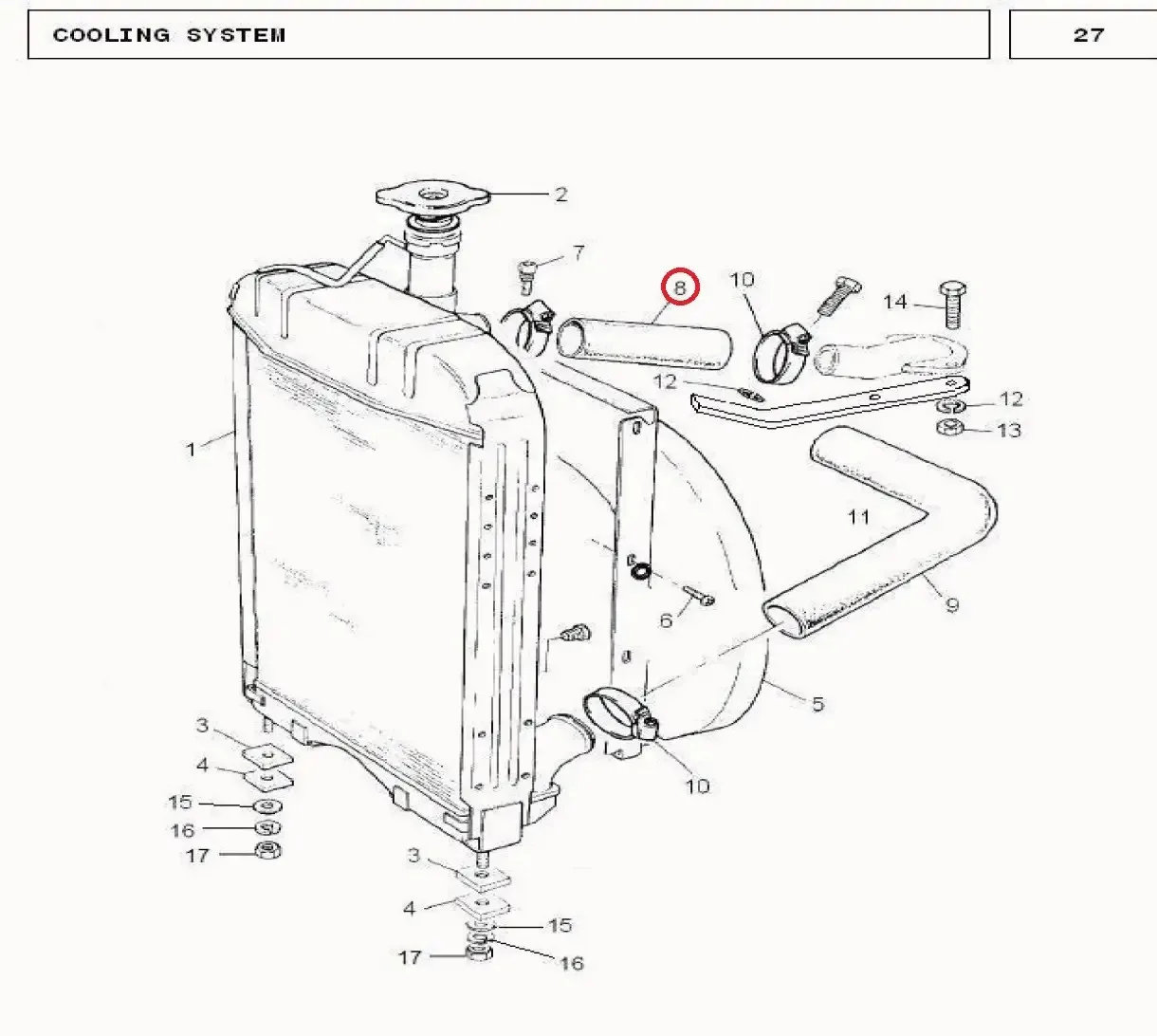 Diagram reference for Millat Massey Ferguson Tractor Spare Part HOSE UPPER RADIATOR MF 240 2101211869514 - Massey Ferguson tractor spare part
