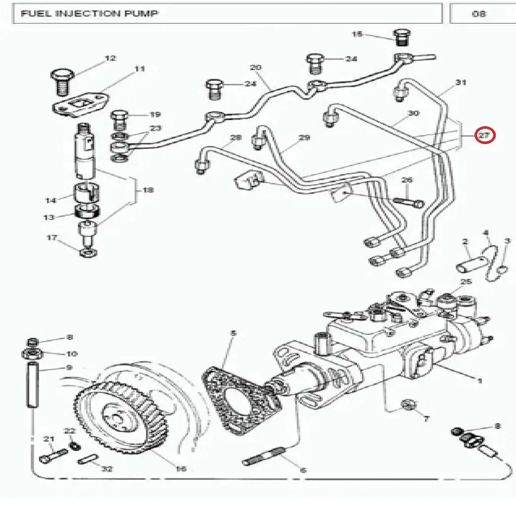 Diagram reference for Millat Massey Ferguson Tractor Spare Part 8 PIPE FI PUMP 4 PCS 38518303814184 E 04114184 E 041 - Massey Ferguson tractor spare part