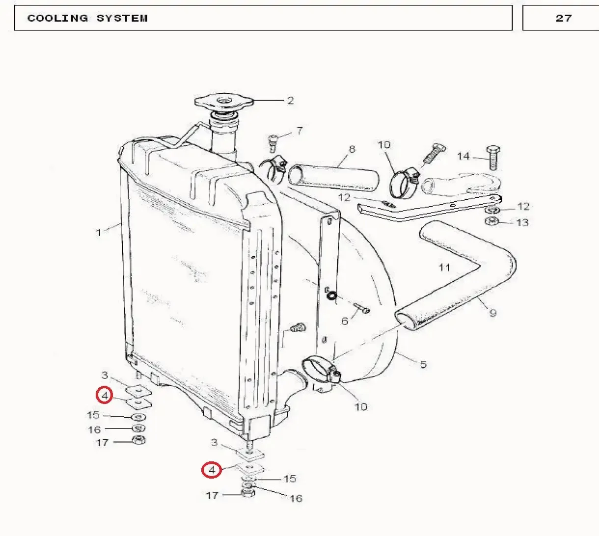 Diagram reference for Millat Massey Ferguson Tractor Spare Part MOUNTINGPAD RADIATOR 21005121005 - Massey Ferguson tractor spare part