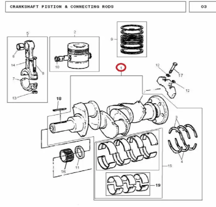 Diagram reference for Millat Massey Ferguson Tractor Spare Part CRANK SHAFT WITHOUT GEAR MF 240 18724118724 - Massey Ferguson tractor spare part