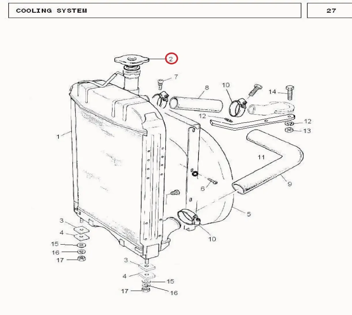 Diagram reference for Millat Massey Ferguson Tractor Spare Part CAP RADIATOR MF 240 2100211874445 - Massey Ferguson tractor spare part